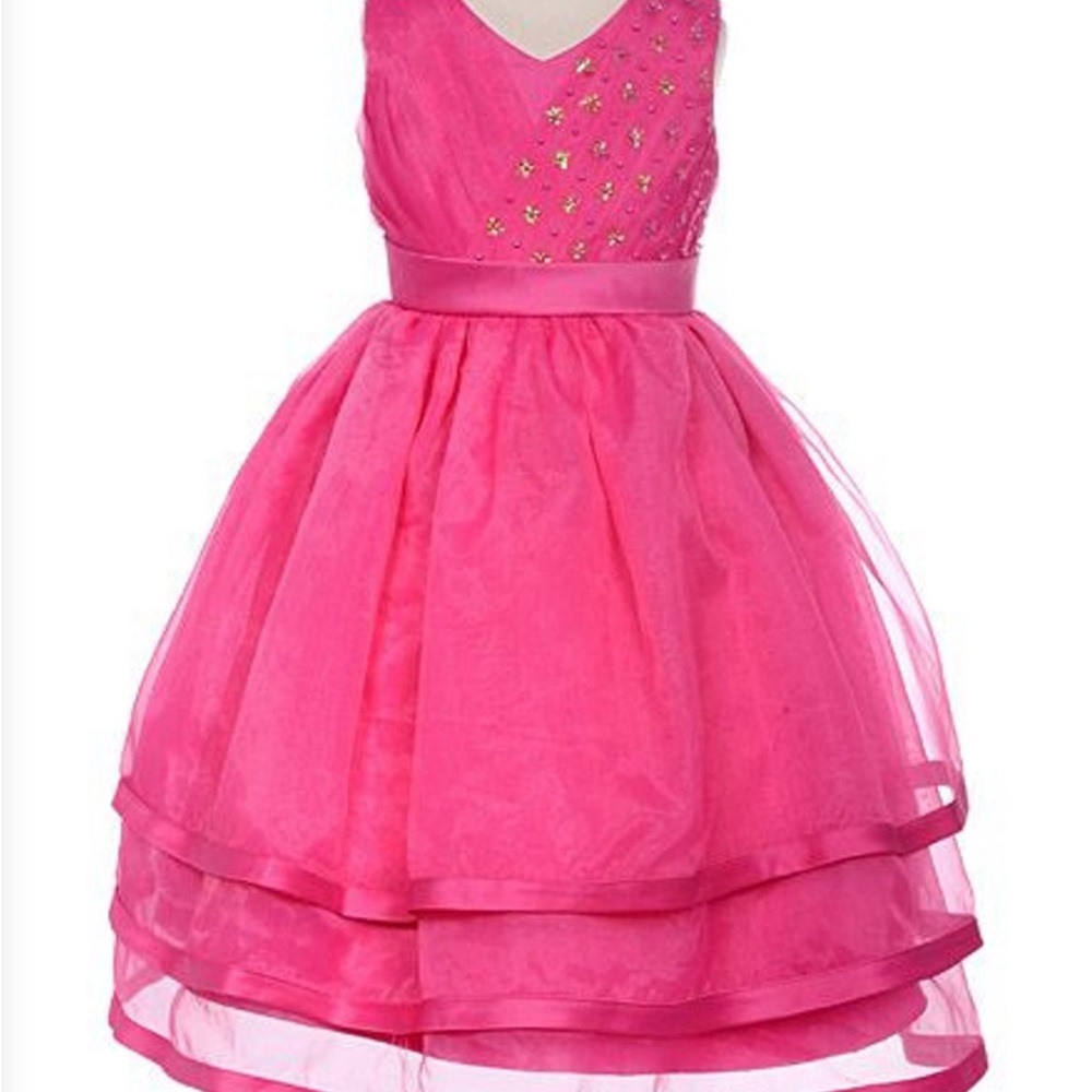 NWT Pink Fushia Organza Embellished V-Neck Three Layered Dress